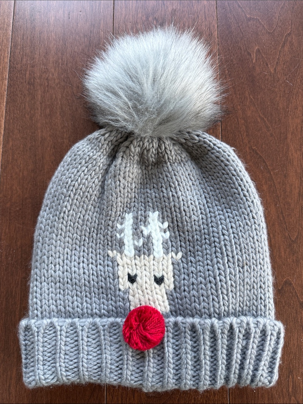 bp Gray Knit Reindeer Beanie with Red Pom and Faux Fur Top, Christmas